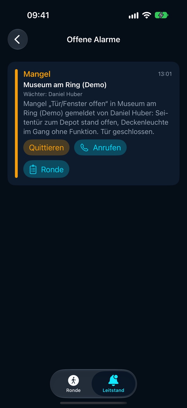 DutyWard App für den Einsatzleiter: offene Alarme mit Quittieren, Anrufen und Ronde ansehen (Demo-Daten)
