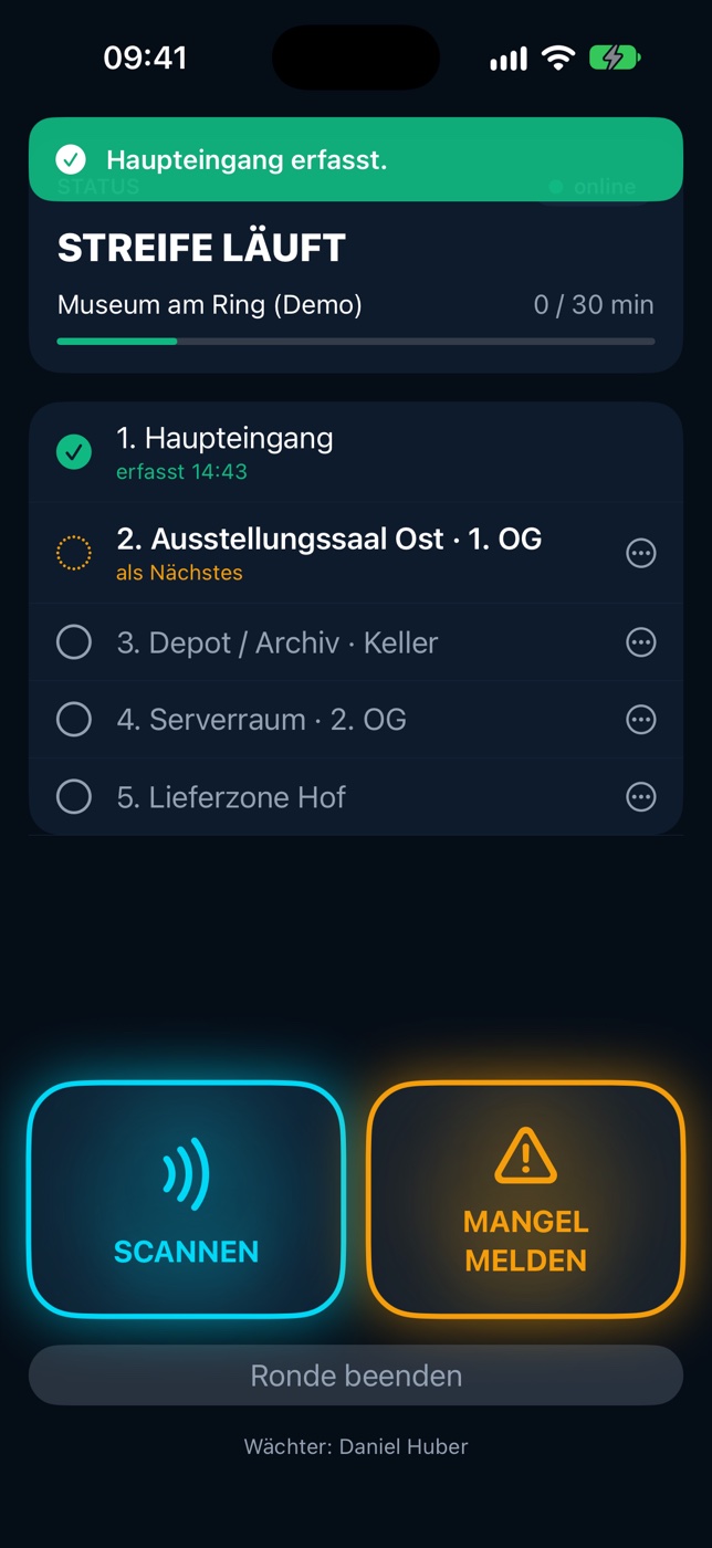 DutyWard App: laufende Ronde mit Kontrollpunkten, Scannen und Mangel melden (Demo-Daten)