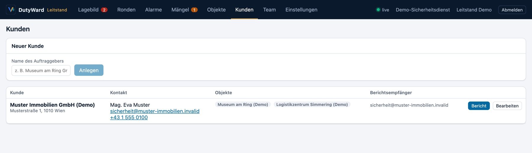 Kundenverwaltung im Leitstand: Auftraggeber mit Ansprechperson, Objekten und Bericht (Demo-Daten)